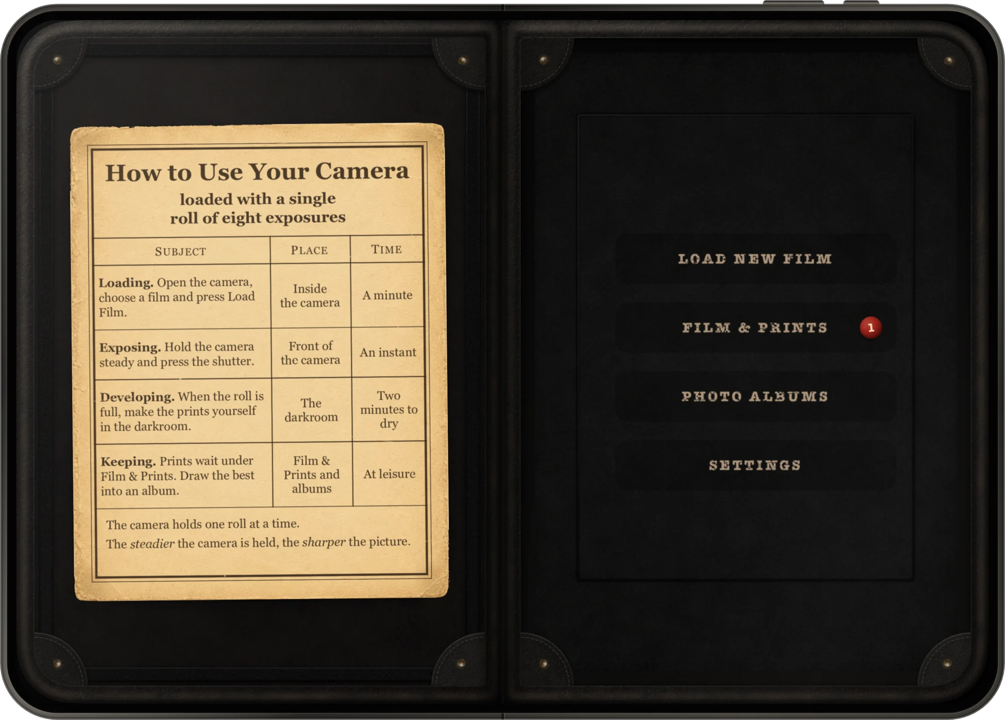 iPhone Duo open: the camera’s instructions on one side, the film and albums on the other.