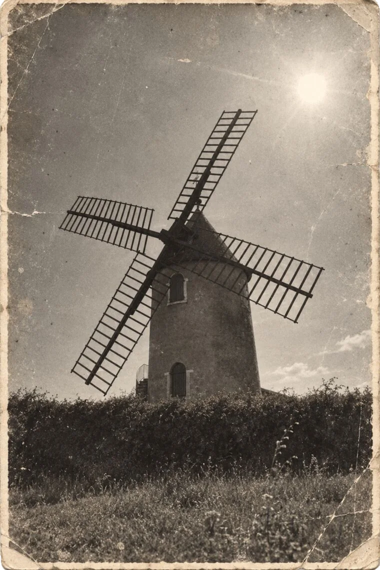 A windmill against a hard summer sun.